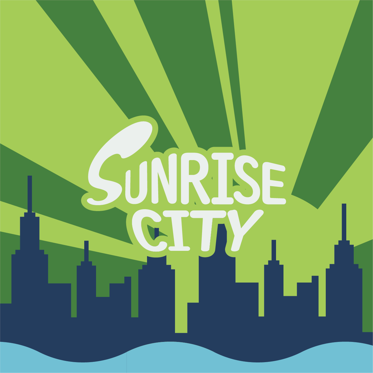 The title of the game. It features a city skyline and rays of sunlight behind the words.